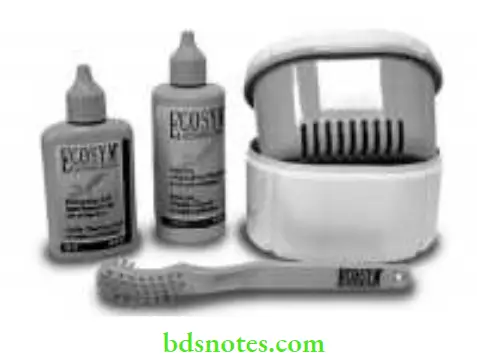 Denture Resins And Polymers A commercially available denture cleansing kit. It includes a brush and container for storage.